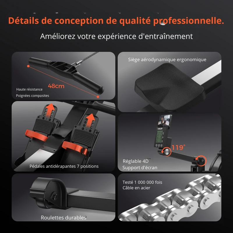 Rameur à résistance d'air, silencieux, pliable, siège ergonomique rembourré, 240x62,2x103,4 cm, Noir