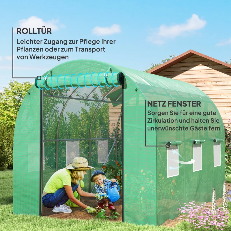 Outsunny Polytunnelkas met kunststof hoes en stalen frame, begaanbare kas met oprolbare deuren, Groen