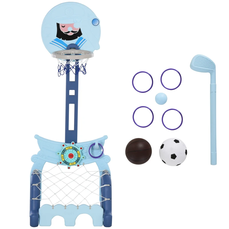 HOMCOM Canasta de Baloncesto con Soporte 4 en 1 Juego de Golf Balón de Fútbol con Altura Ajustable Centro de Actividades para Niños de +3 Años 58x56x154 cm Azul