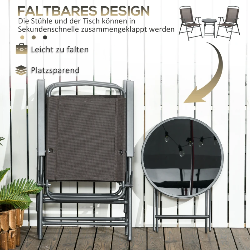 Outsunny Weerbestendige Metalen Bistroset 3-delig met Inklapbare Glastafel en Tuinstoelen - Bruin