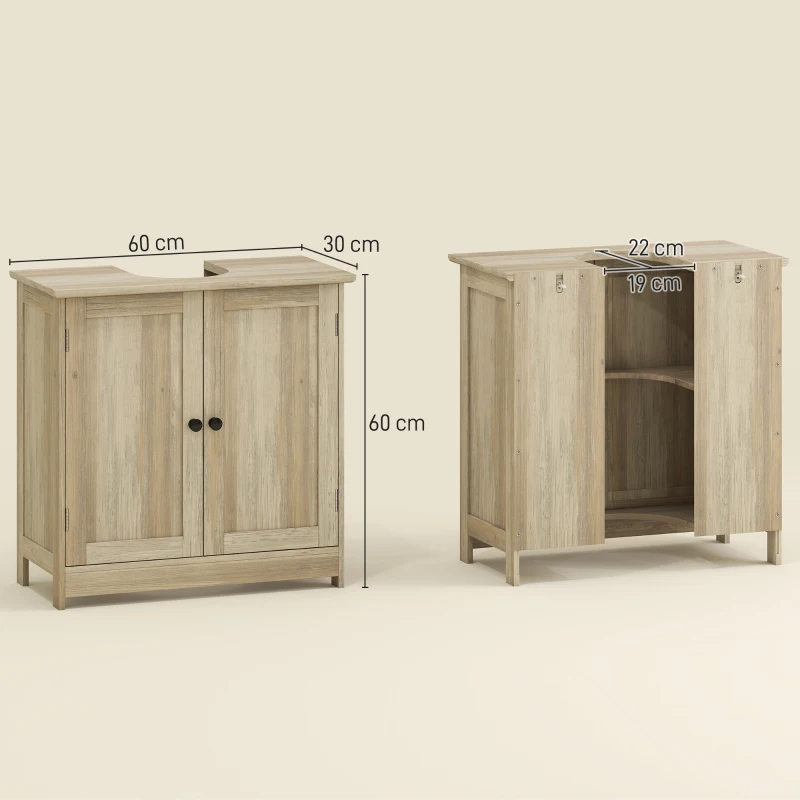 HOMCOM Dulap Sub Lavoar pentru Baie, cu 2 Uși și Poliță Reglabilă, pentru Lavoare cu sau fără Picior, 60x30x60 cm, Aspect Lemn Gri