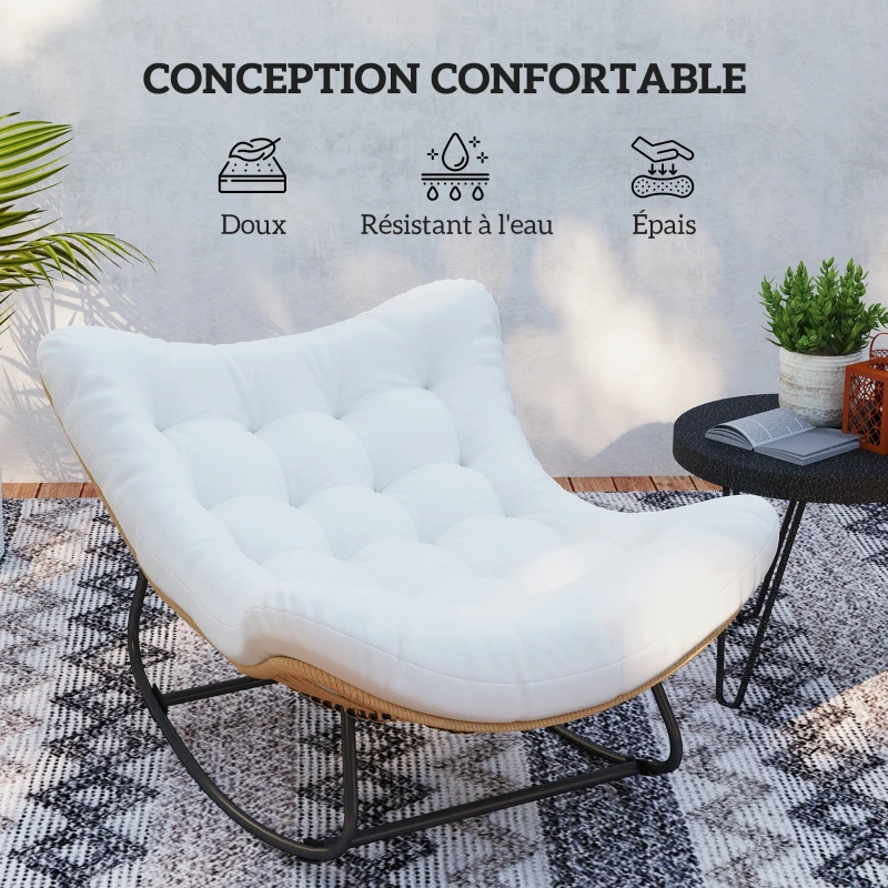 Outsunny Fauteuil à bascule de jardin chaise à bascule en forme d'œuf avec coussin rembourré 98 x 111 x 74 cm crème
