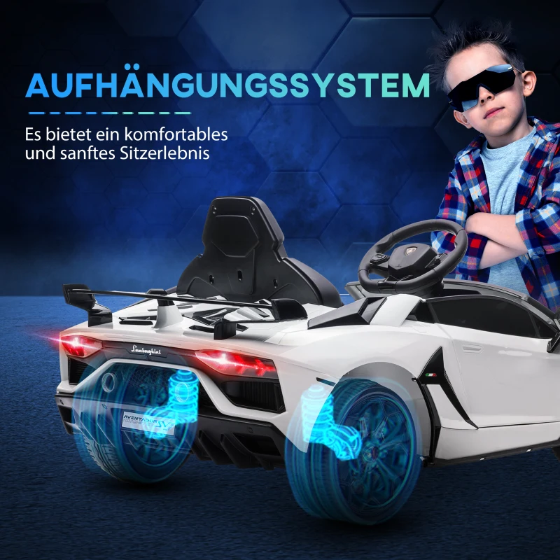 HOMCOM Elektrische kinderauto, officiële licentie van de Lamborghini Aventador, met vleugeldeuren, muziek, claxon, geschikt voor kinderen van 3-5 jaar, wit