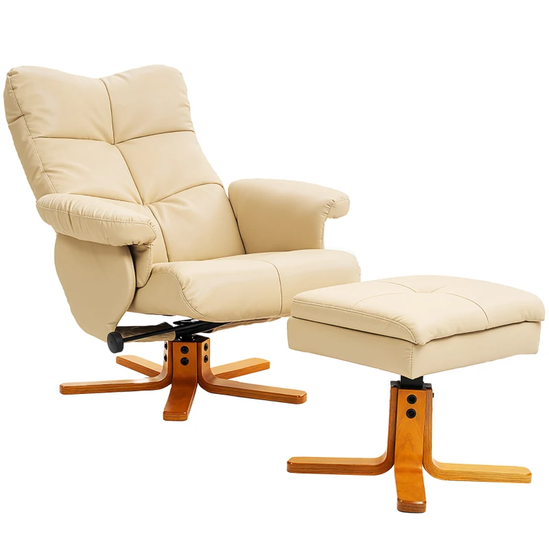 HOMCOM PU Leather Swivel Recliner Chair with Footstool, Wooden Base and Storage for Living Room, Beige