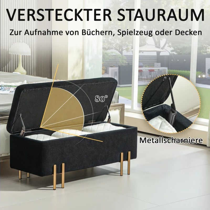 HOMCOM Zitbank, Gestoffeerde Bank met Opbergruimte, Metaal, Rubberhout, Schuimstof, 100 x 40 x 42 cm, Zwart