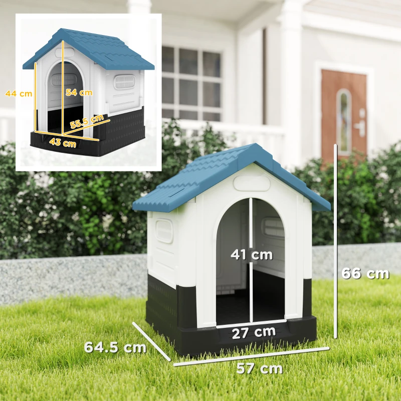 PawHut Cușcă pentru Câini de Exterior din Plastic, Căsuță pentru Câini Mici cu Ferestre, Acoperiș Înclinat și Bază Ridicată, 64,5 x 57 x 66 cm, Albastru