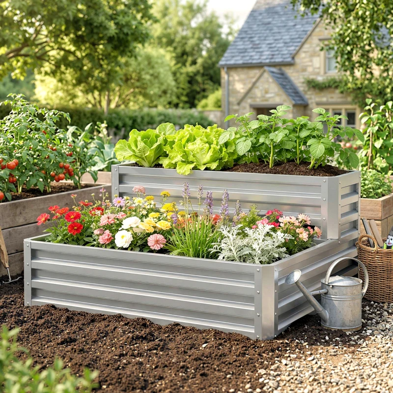 Outsunny Caixa de Cultivo de 2 Níveis em Aço Galvanizado com Design em Escada e Fundo Aberto  120x101x58 cm Prata