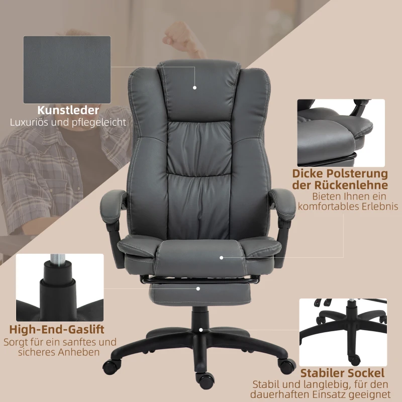 Vinsetto Verstelbare draaistoel met voetsteun, hoofdsteun, massagefunctie, kunstleer, 68,5x68,5x113-121cm, donkergrijs