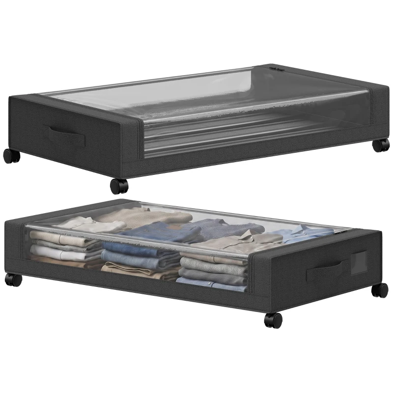 HOMCOM Caja de Almacenamiento Bajo Cama con Ruedas Pack de 2 40 L con Cremallera 78x44x16 cm Negro