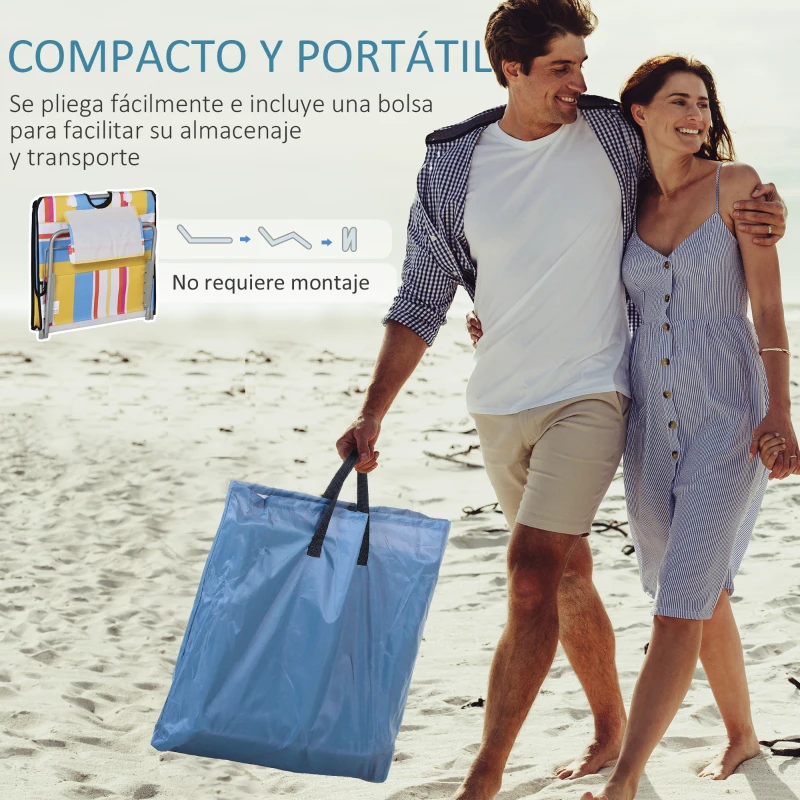 Outsunny Set de 2 Esterillas de Playa Plegables 124x53x35-45 cm con Respaldo Ajustable 5 Niveles y Reposacabezas Esteras de Playa Portátil Tela Oxford Acero con Bolsa Transporte para Jardín Multicolor