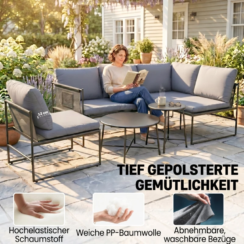 Outsunny Lounge tuinmeubelset 4-5 personen tuinlounge set met tweezitsbanken, salontafels, stoel, dikke wasbare kussens
