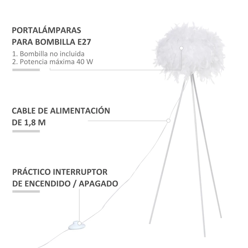 HOMCOM Lámpara de Pie con Trípode de Metal y Pantalla de Plumas con Interruptor de Pie Estilo Moderno para Dormitorio Sala de Estar Salón Estudio 54x54x147 cm Blanco
