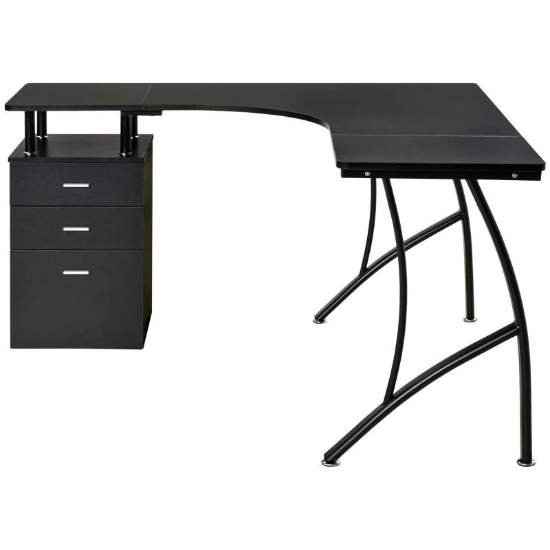 HOMCOM L-Shaped Computer Desk Table with Storage Drawer, Home Office Desk Corner Industrial Style Workstation for A4 Files 143.5 x 143.5 x 76cm, Black