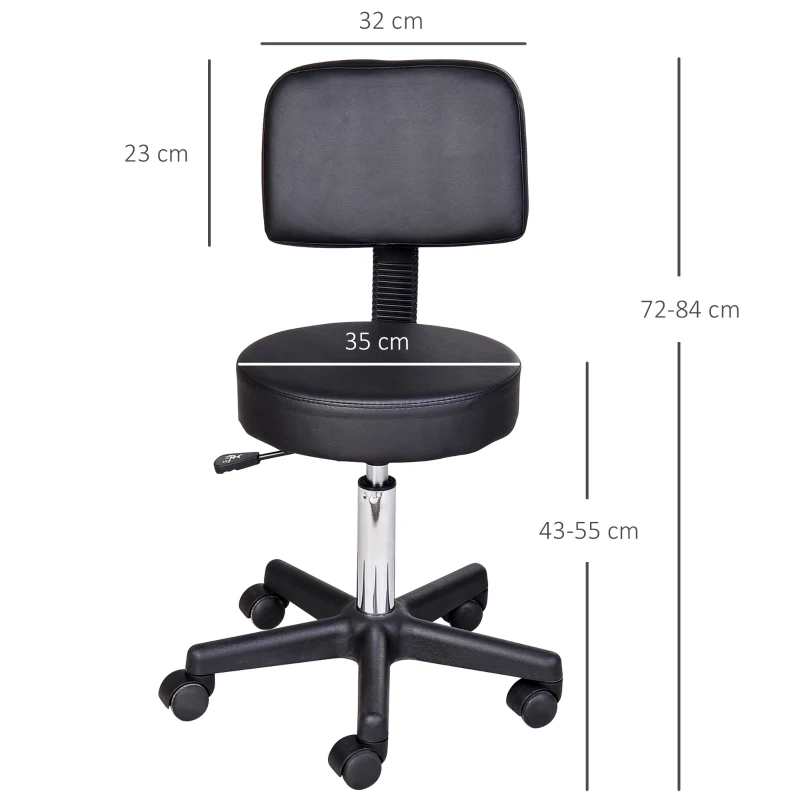 HOMCOM Sgabello con Schienale da Salone Sedia Girevole in Finta Pelle Altezza Regolabile Nero