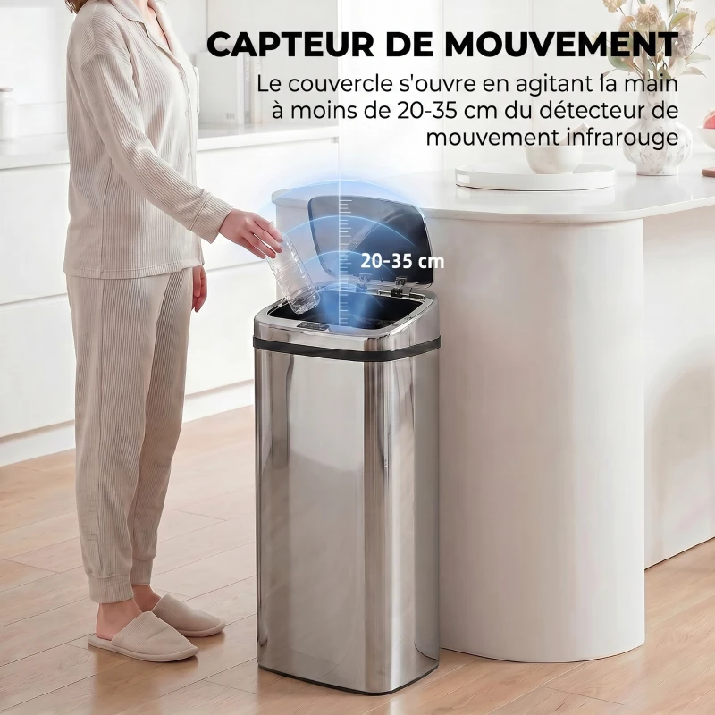 HOMCOM Poubelle à capteur de mouvement ouverture automatique 1 bac de 50 L en acier inoxydable