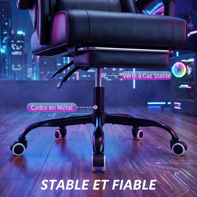 HOMCOM Chaise gaming ergonomique, fauteuil gamer avec support lombaire massant, dossier inclinable, hauteur réglable, noir