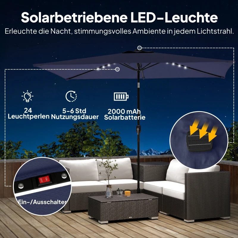Outsunny parasol LED Solar ca. 300 x 200 cm kantelbaar balkonparasol met slinger beschermhoes, UV-bescherming, draaibaar Marineblauw