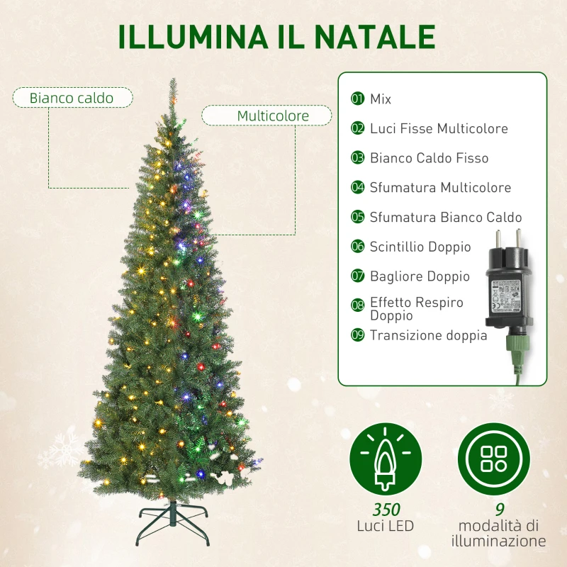 HOMCOM Albero di Natale 210 cm Illuminato con 350 Luci Bianche e Colorate, 9 Modalità di Illuminazione