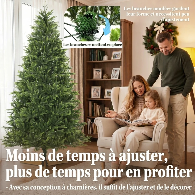HOMCOM Sapin de Noël Artificiel 210 cm Nordmann, 1008 Pointes de Branches Articulées Réalistes en PE, Support en Bois, Vert