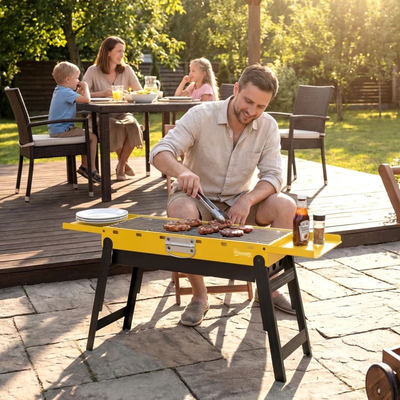 Outsunny Portable BBQ Grill, Foldable Charcoal Grill for Camping and Picnics with 2 Side Shelves and Handle, Yellow