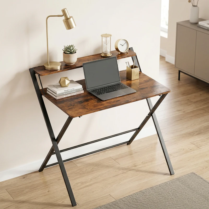 HOMCOM Compact Folding Desk for Small Spaces with Storage Shelf for Home Office, Rustic Brown