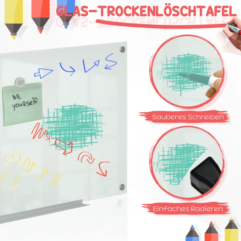 Vinsetto Glazen Whiteboard, Memobord, Whiteboard, 4 stiften, 6 magneten, 1 spons, 1 houder, Wit