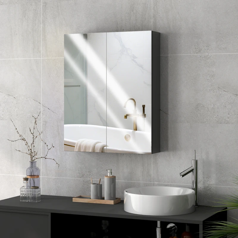 HOMCOM Armadietto Pensile Bagno 2 Ante con Specchiera e 2 Ripiani Interni in MDF, 60x15x75 cm, Nero