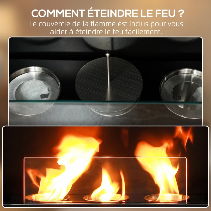 HOMCOM Cheminée au bioéthanol brûleur 400 ml durée de combustion de 3 heures avec verre de protection marron