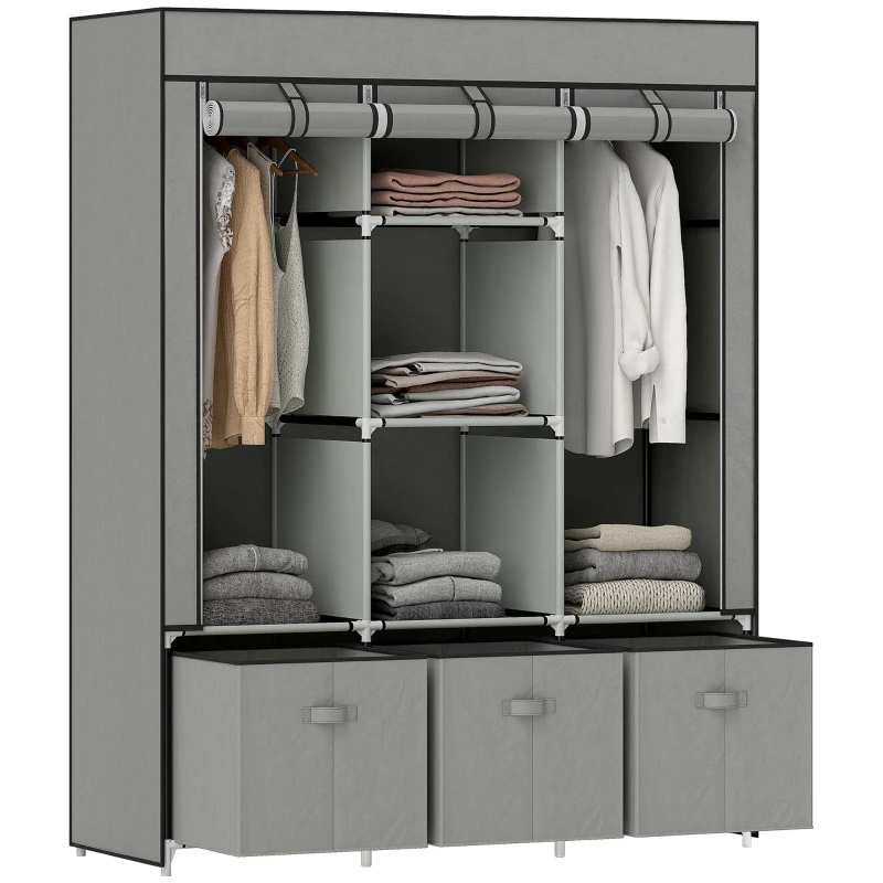 HOMCOM Vliesstoffen Kledingkast, Opvouwbare Kast, Incl. 3 Laden, 125 cm x 43 cm x 162,5 cm, Lichtgrijs(m-11)