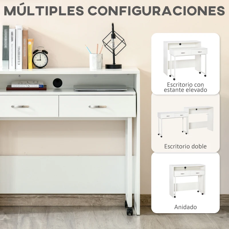 HOMCOM Escritorios Apilables Conjunto de 2 Mesas Escritorio para Ordenador Portátil con Ruedas 2 Cajones para Oficina 100x36x88 cm Blanco