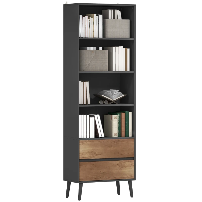 HOMCOM Bibliothèque meuble de rangement avec 4 compartiments ouverts et 2 tiroirs, 60 x 30 x 179 cm, gris