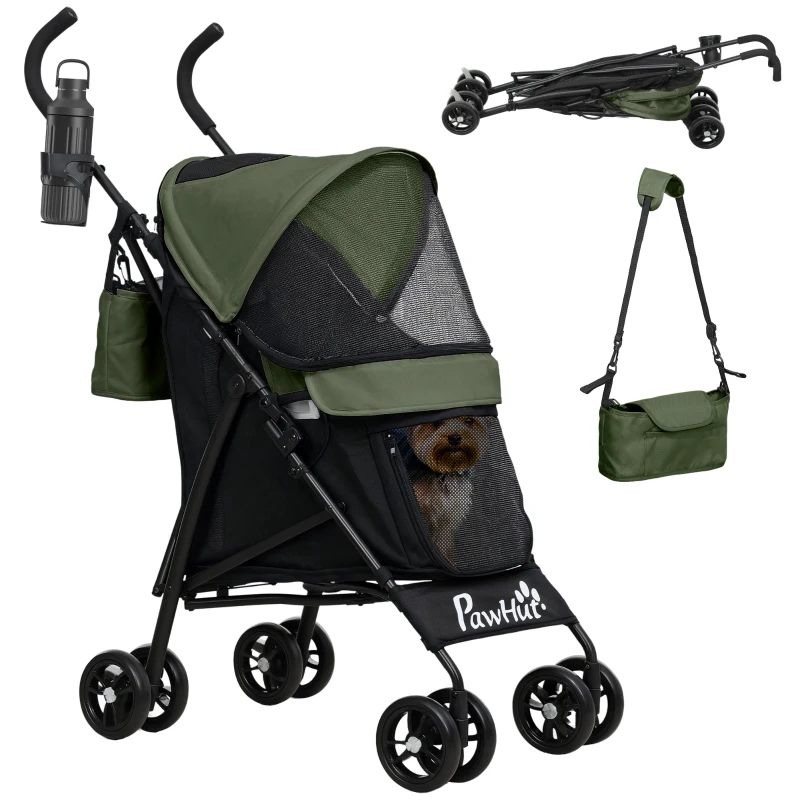 PawHut Huisdierenwagen met Veiligheidslijnen, Netramen, 76L x 44B x 103H cm, Donkergroen