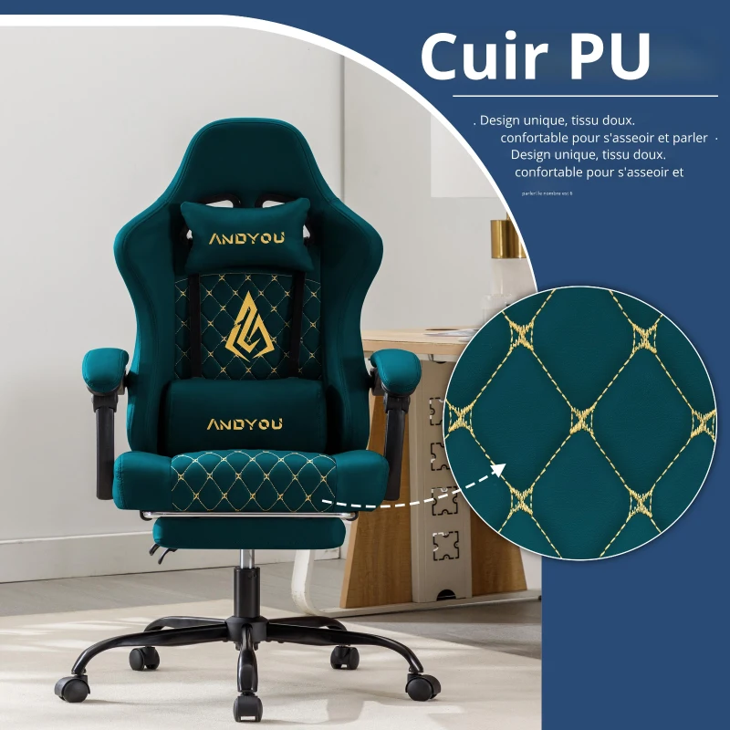 Chaise gaming avec repose-pieds, coussin doux pour la nuque et les lombaires, coussin de soutien amovible, 60x60x122 cm, bleu marine