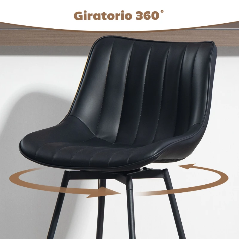 HOMCOM Juego de 2 Taburetes de Bar, Sillas de Bar Giratorio 360° Tapizado en Cuero Sintético con Respaldo y Reposapiés Negro