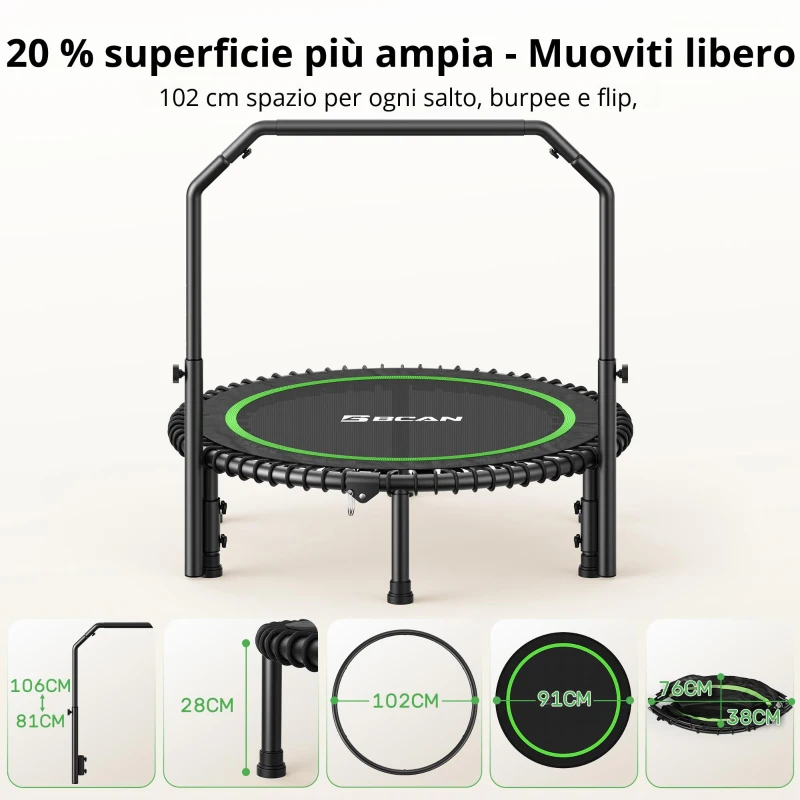 Rebounder-Trampolino per adulti, pieghevole, maniglione regolabile, pedane antiscivolo, 102x102x106 cm, Nero+Verde