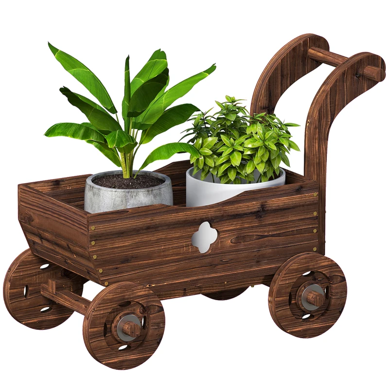 Outsunny Verhoogde plantenbak hout – kruiwagenvorm met 4 wielen & handgreep 68 x 38 x 52 cm