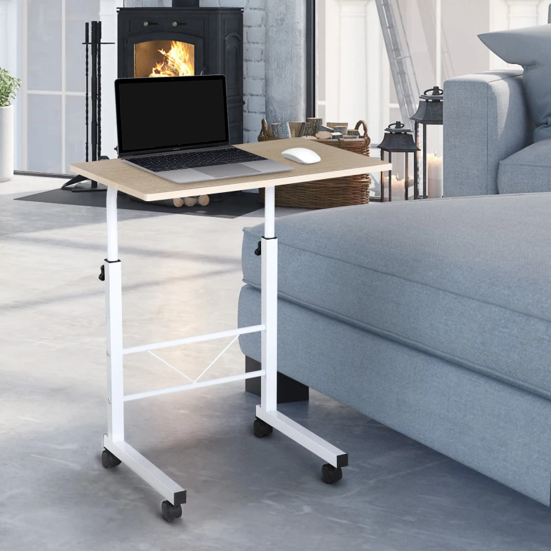 HOMCOM bijzettafel in hoogte verstelbare salontafel verrijdbaar bureau met wielen parkeerremmen C-vormige tafel spaanplaat staal ijzer kunststof wit esdoorn 60 x 40 x 68-78 cm
