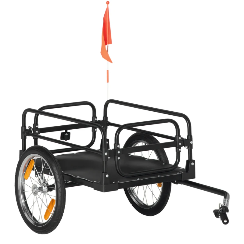 HOMCOM Remorcă pentru bicicletă de 70L cu 2 roți de 16", 2 reflectoare și steguleț, din oțel și PE, 125x64x53.5 cm, negru