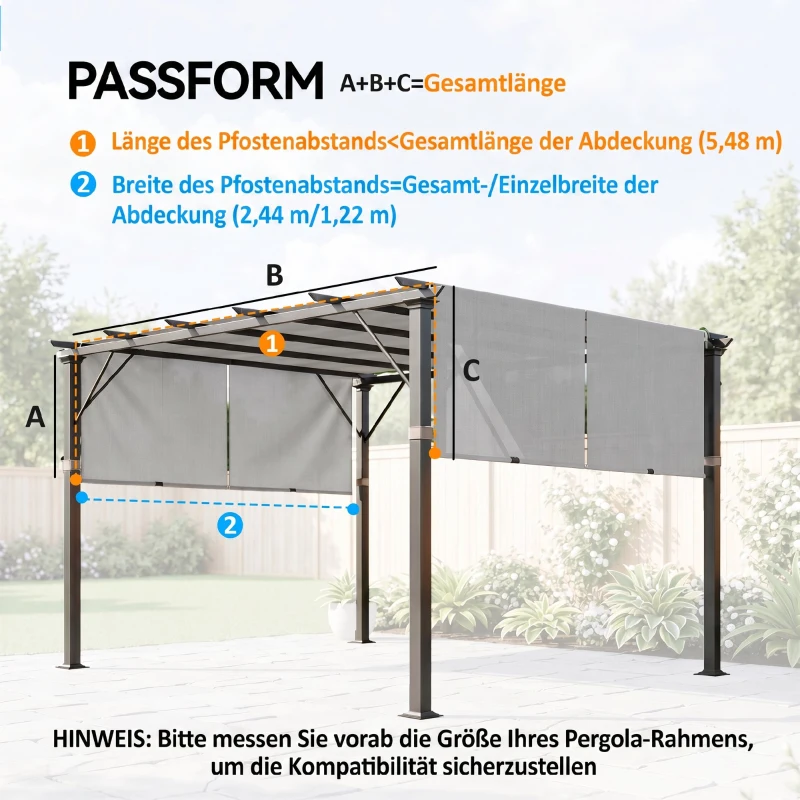 Outsunny Vervangend pergoladak met UV-bescherming, zonzeil voor terrasoverkapping voor 3 x 3 m paviljoen, lichtgrijs
