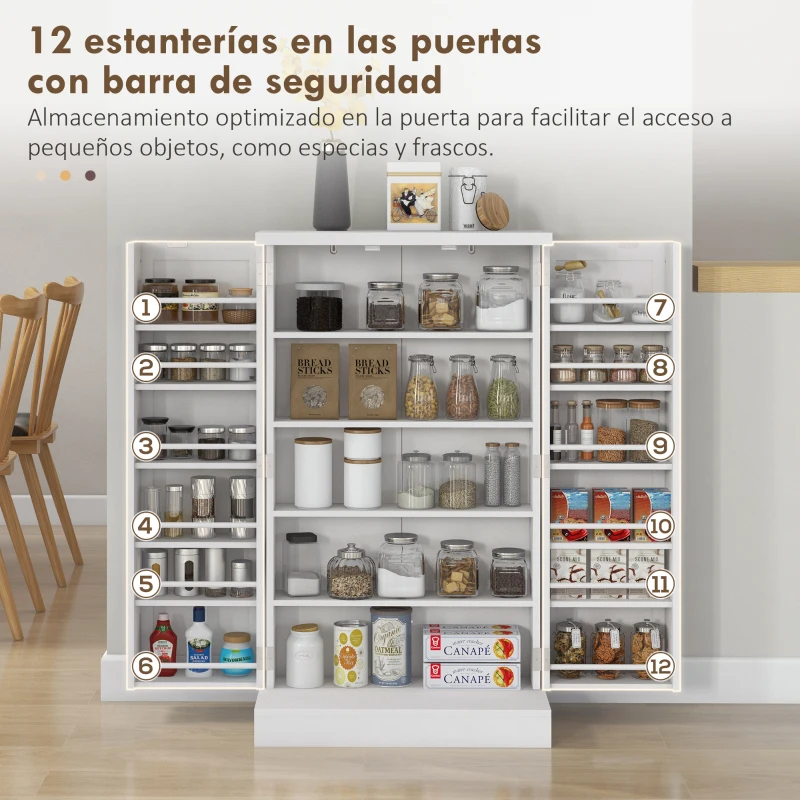 HOMCOM Armario Despensa Cocina con 2 Puertas 16 Estantes Alacena Moderna con Estantes Ajustables 60x30x104 cm Blanco