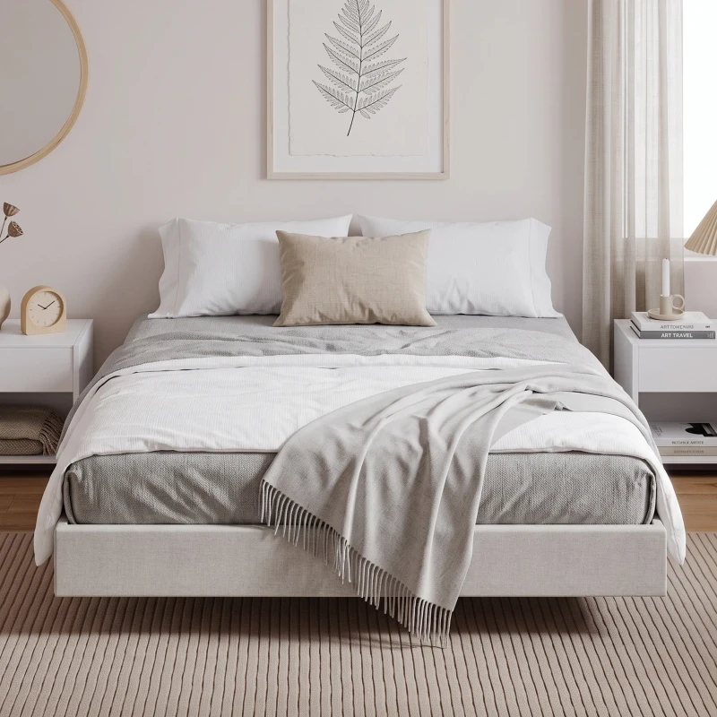 HOMCOM Cama Flutuante 160 x 200 cm com Iluminação LED Inteligente, Estrado de Casal Estofado em Linho, Montagem Fácil, Bege