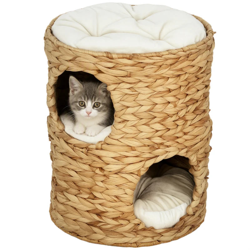PawHut Krabton, 50 cm, 2 Grotten, Kussen, Krabpaal met Kattenbed, Kattentoren van Waterhyacint, Lichtbruin