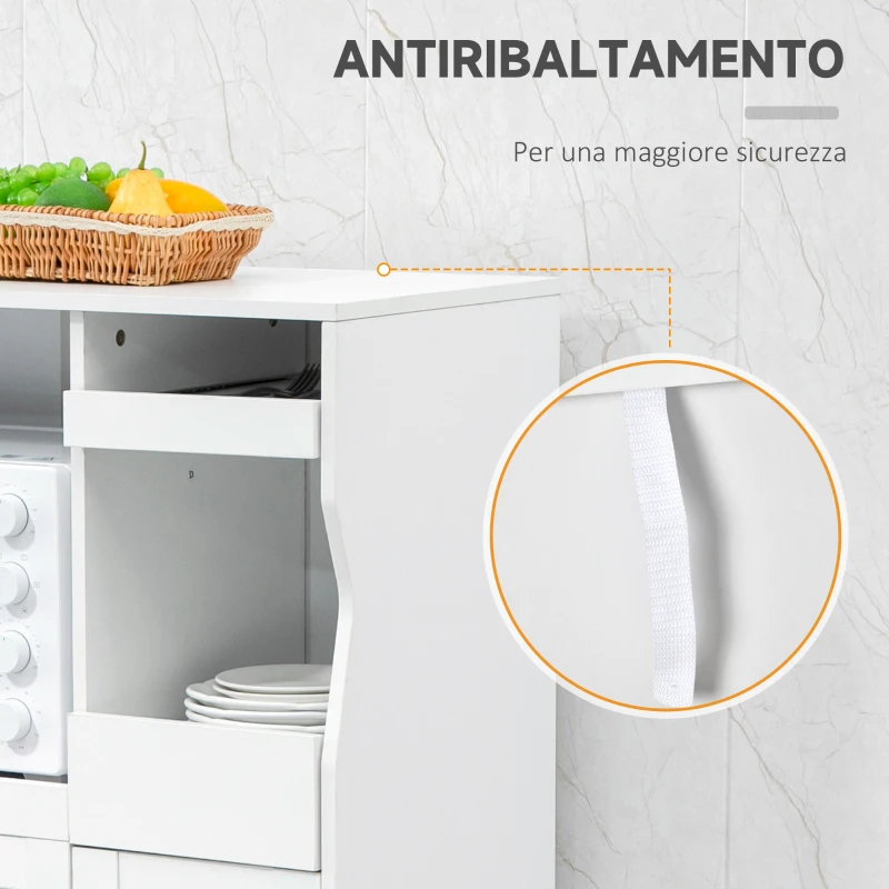 HOMCOM Credenza Cucina Salvaspazio con 2 Armadietti e 2 Ripiani Estraibili in Legno, 84x39x109 cm, Bianco