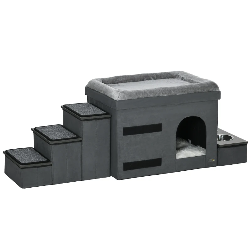 PawHut Kattenhuis Kattenhut Kattenhol, 3 huisdiertrappen, 2 voerbakken, 70 x 50 x 51 cm, Grijs