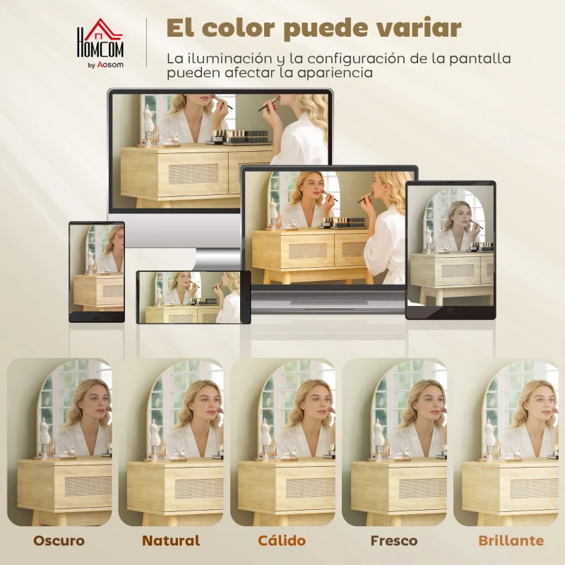 HOMCOM Tocador de Maquillaje con Espejo Arqueado 2 Cajones con Frontal de Ratán para Espacios Pequeños Natural