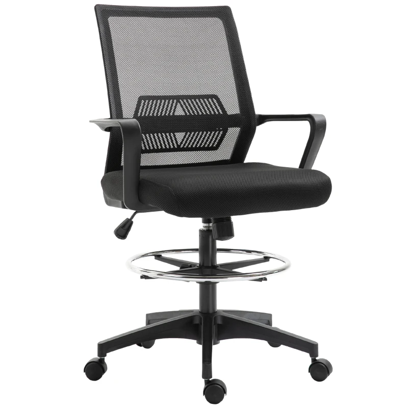 Vinsetto Bureaustoel, In Hoogte Verstelbare Bureau Stoel met Voetsteun, Mesh Rugleuning, Rolbaar, Kunststof, Zwart(m-10)