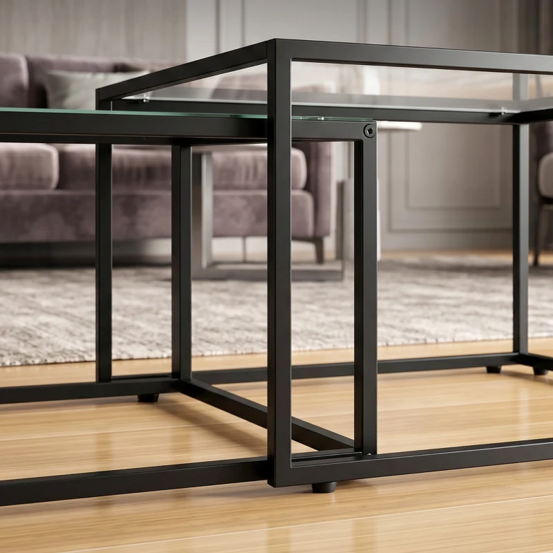 HOMCOM Salontafelset 2-delig Rond stapelbaar met gehard glazen blad en metalen frame, voor woonkamer Zwart