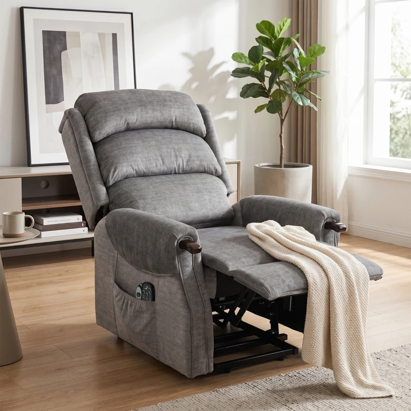 HOMCOM Power Lift Recliner with Vibration Massage and Heat, Lift Chair for Tall with Wood Grip, Pocket Spring, Light Grey