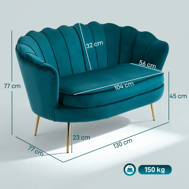 HOMCOM Canapé 2 places en tissu velours, petit canapé, en forme de coquillage, avec coussin épais de 10 cm, canapé, structure en métal, pieds dorés effilés, facile à assembler, bleu canard