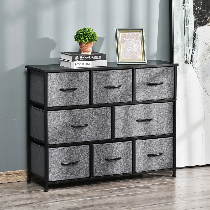 HOMCOM Ladekast met 8 Stoffen Lades, 2 Groot, 6 Klein, Metalen Frame, Kantelbeveiliging, Grijs